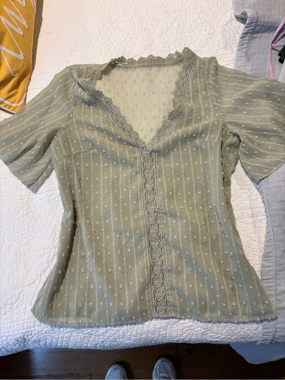 Lace-Trim V-Neck Blouse in Sage Green